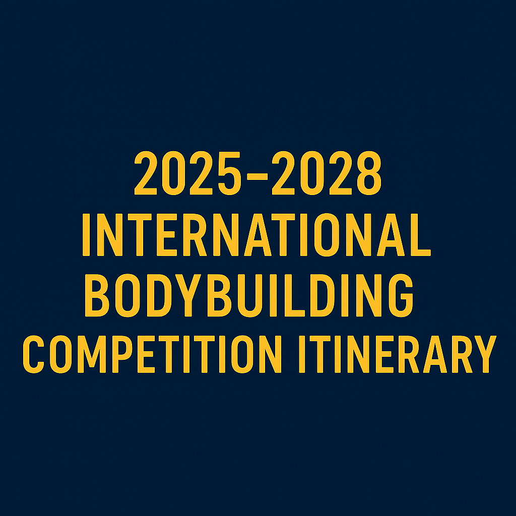 Centered yellow text on a dark blue background reading “2025–2028 International Bodybuilding Competition Itinerary