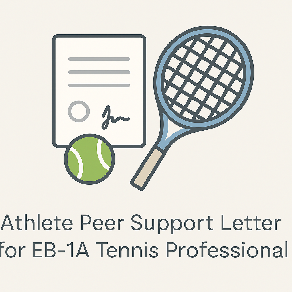 Flat-style illustration showing a tennis racket, ball, and signed document, with bottom text indicating it is an Athlete Peer Support Letter for EB-1A Tennis Professional.