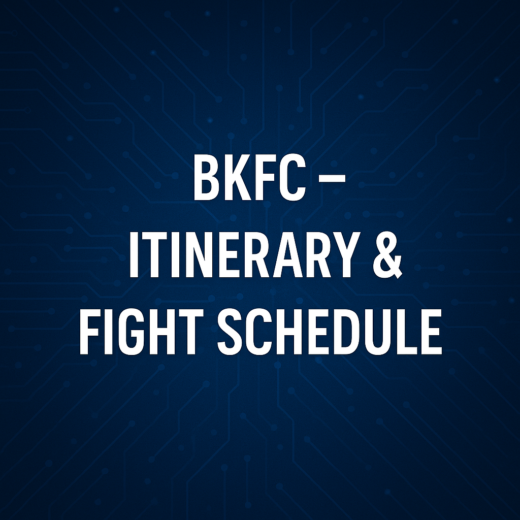 Blue background with digital circuit lines and centered white text reading “BKFC – Itinerary & Fight Schedule.
