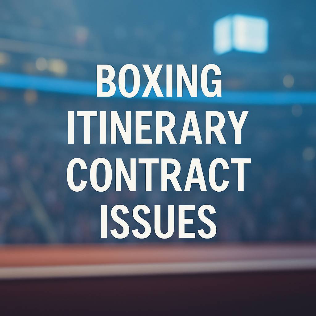 Blurry arena background with bold white text reading “Boxing Itinerary Contract Issues,” referencing visa and scheduling challenges in professional boxing.