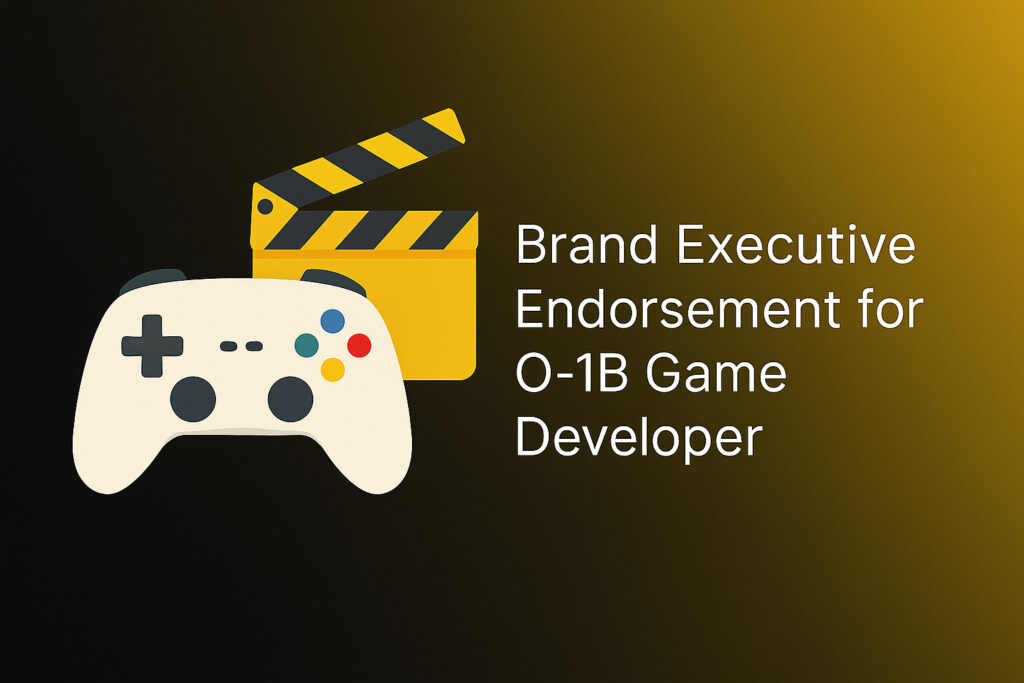 Digital illustration of a stylized virtual gaming environment with interface elements and futuristic icons, overlaid with the text “Brand Executive Endorsement for O-1B Game Developer” on a yellowish-black gradient background.