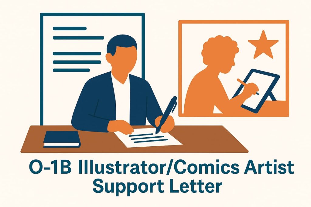 An editor writing a support letter with an image of an illustrator drawing in the background. Represents an O-1B visa support letter for a comics artist.