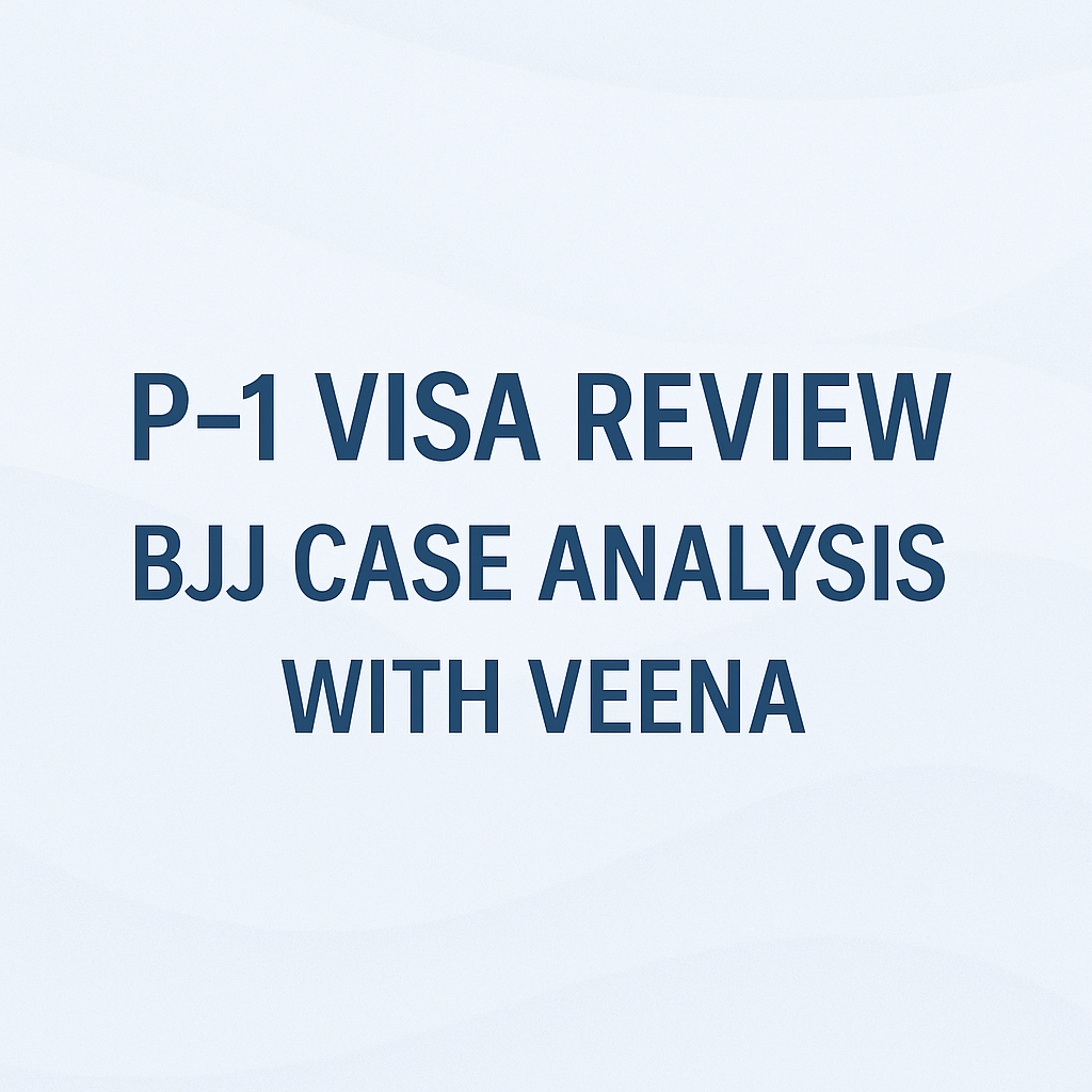 Title screen for a P-1 visa case review video with Veena, featuring navy text on a light blue background.