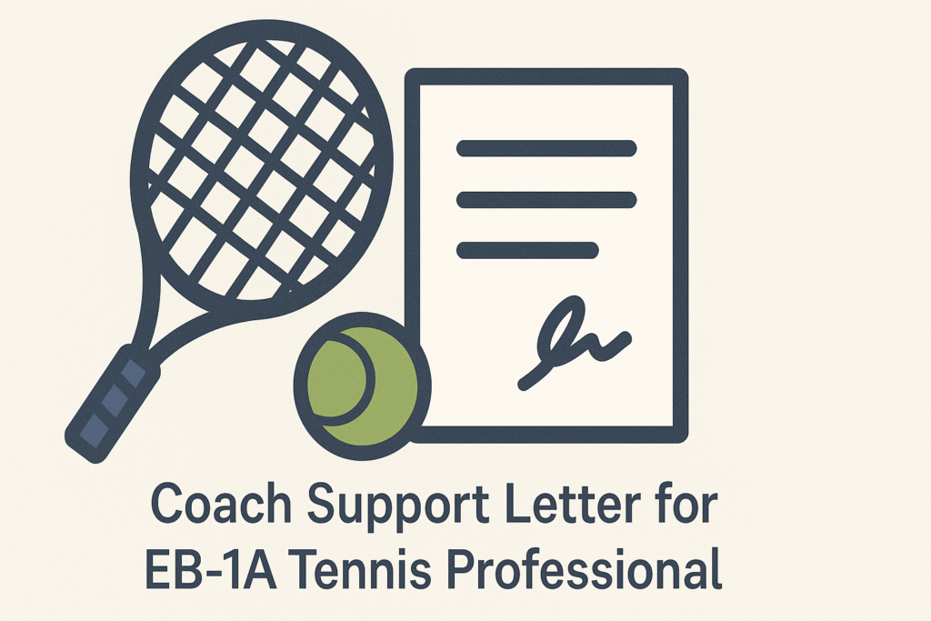 Illustration of a tennis racket, ball, and document representing a coach’s support letter for an EB-1A petition.