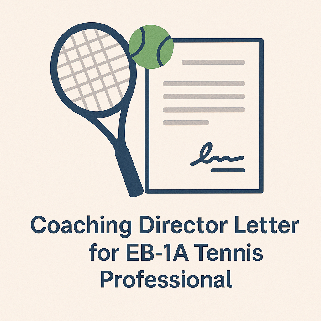 Illustration of a tennis racket, green ball, and support letter document representing a coaching director's endorsement for an EB-1A petition.