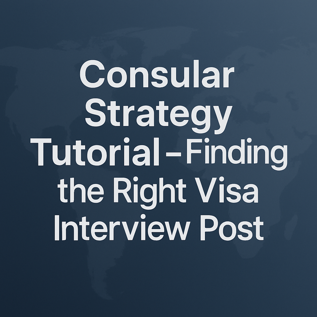 Blue gradient background with a faint world map and bold white text reading “Consular Strategy Tutorial – Finding the Right Visa Interview Post.