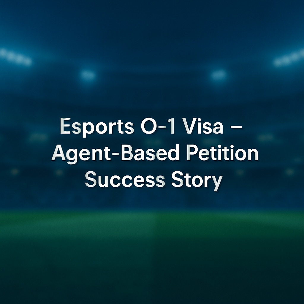 Esports O-1 Visa success story using an agent-based petition model, set in a virtual esports stadium background.