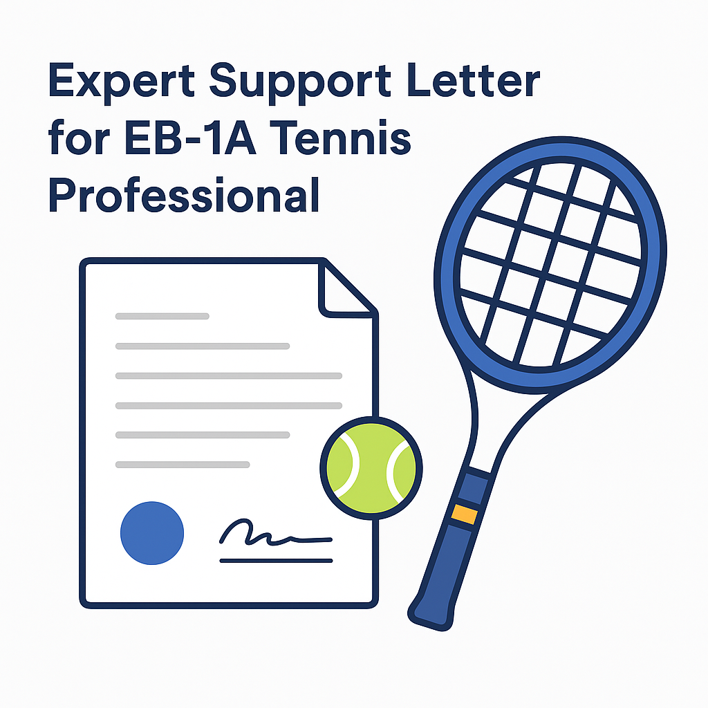 Illustration of a tennis racket, ball, and signed letter symbolizing an expert support letter for an EB-1A petition.