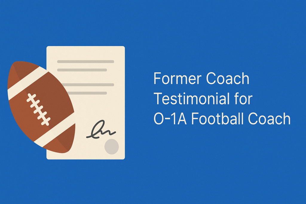 Flat-style illustration of a football and signed document on a blue background, symbolizing a coaching testimonial for O-1A visa purposes.