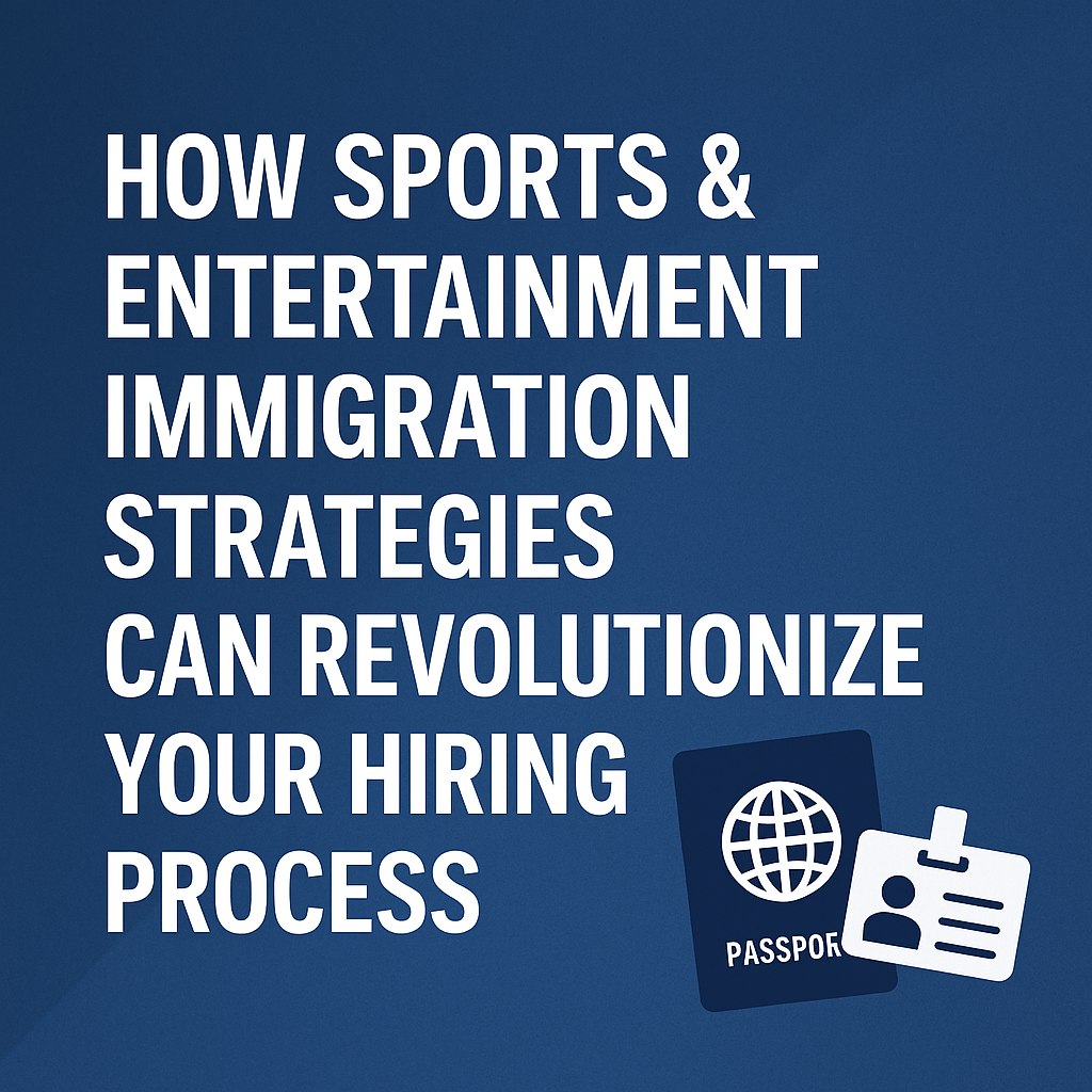 Graphic design thumbnail featuring a passport and ID badge icon, representing the use of sports and entertainment immigration strategies—like O-1 and P-1 visas—to simplify hiring processes for global talent.