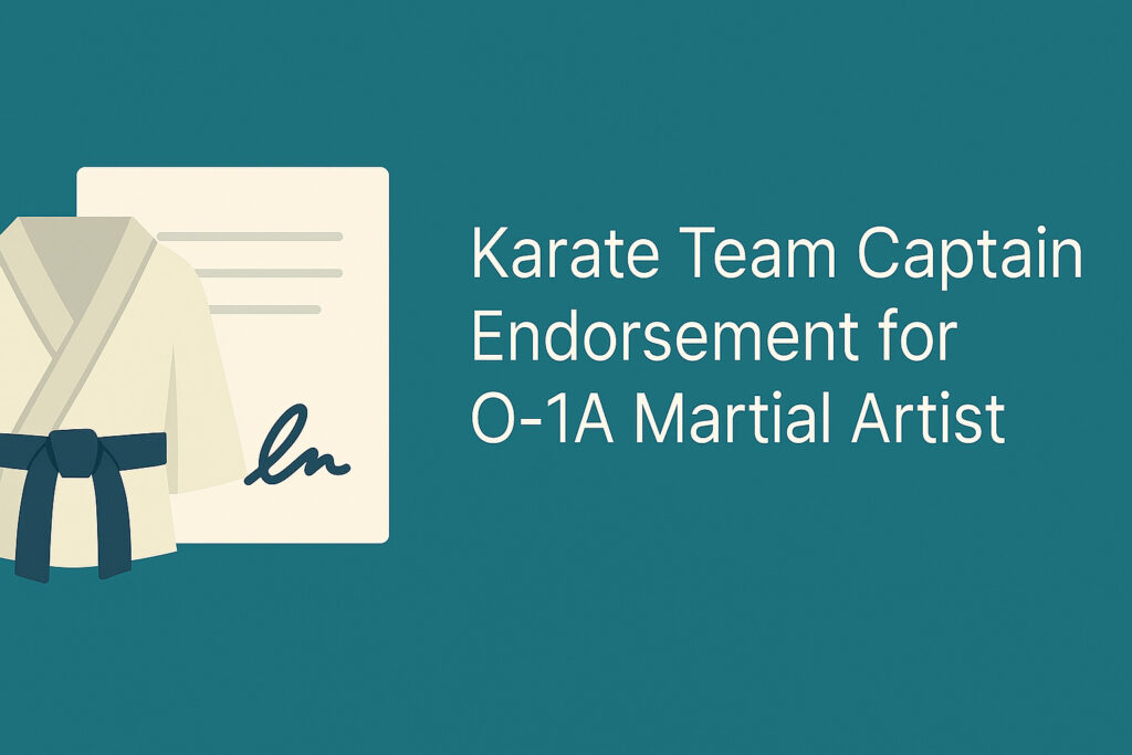 Flat-style illustration of a karate gi with black belt and a signed letter on a soft blue background, labeled “Karate Team Captain Endorsement for O-1A Martial Artist.”