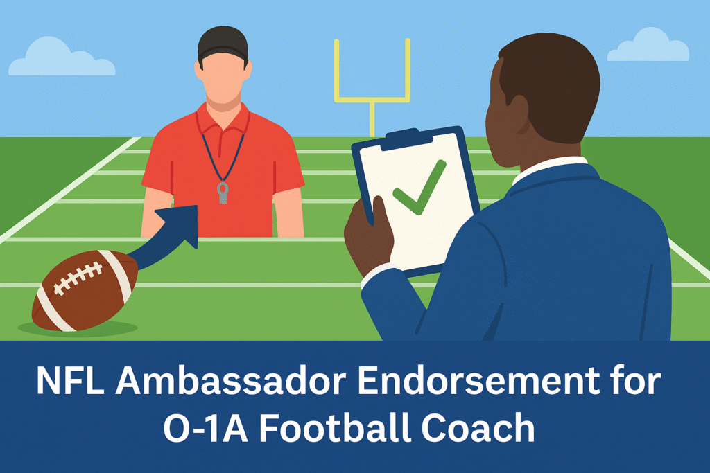 Illustrated endorsement scene showing a coach in red and an official holding a clipboard with a checkmark, symbolizing support for an O-1A visa petition.
