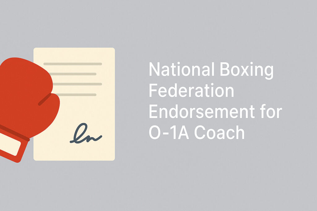 Flat-style illustration with boxing gloves and a signed endorsement letter on a gray background with the title “National Boxing Federation Endorsement for O-1A Coach.”