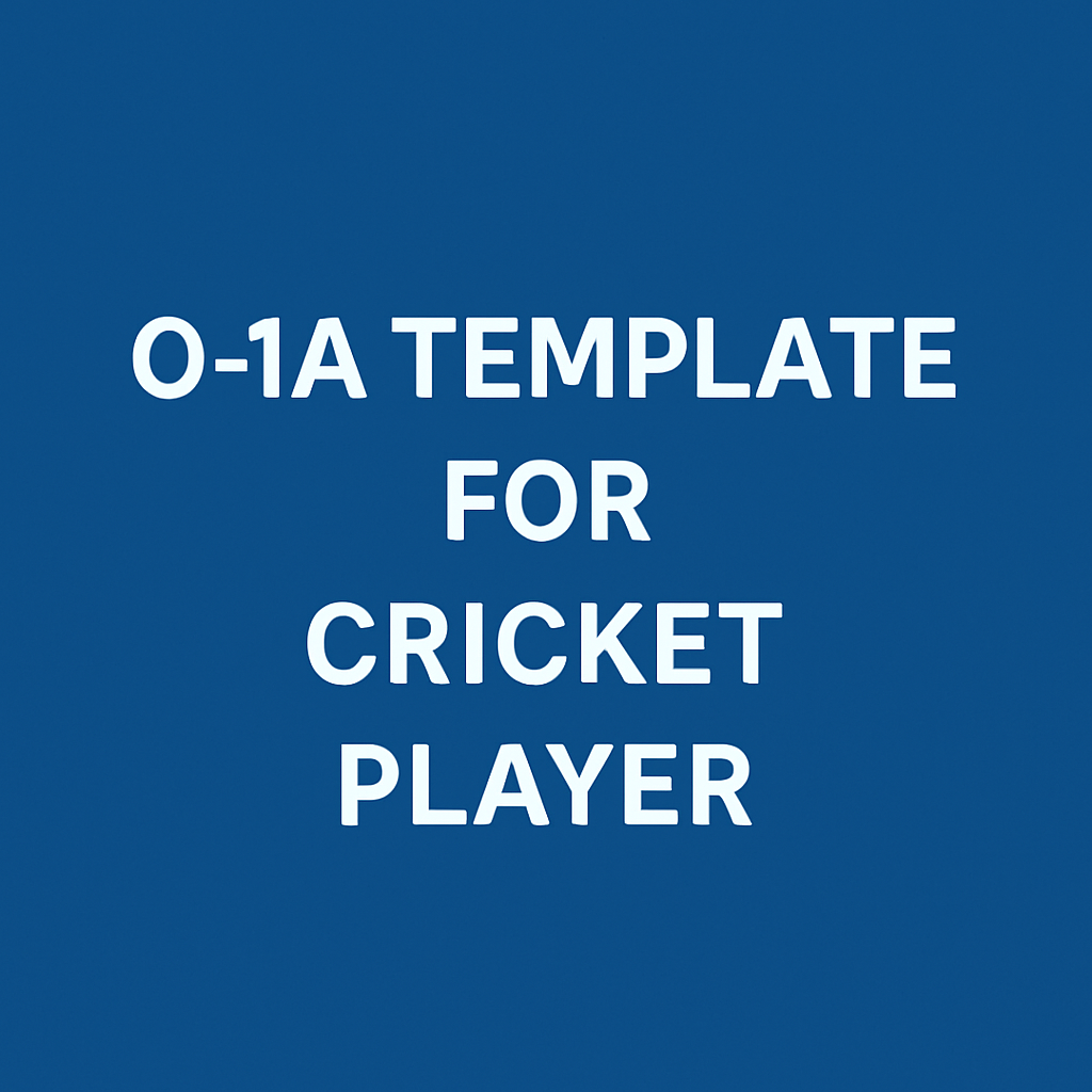 Two-tone blue gradient background with centered white text reading “O-1A Template for Cricket Player.”