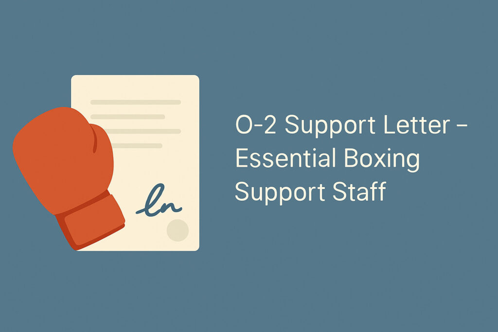 Flat-style digital illustration showing a support letter document with a boxing theme on a greyish-blue background. The title “O-2 Support Letter – Essential Boxing Support Staff” appears in small white text centered on the image.