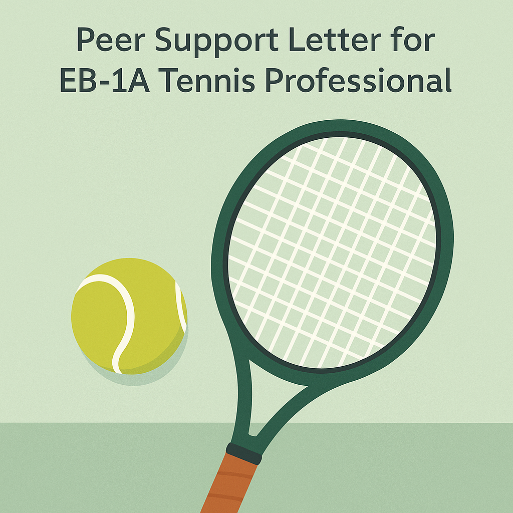 Illustration of a tennis racket, ball, and document representing a peer support letter for an EB-1A tennis professional.