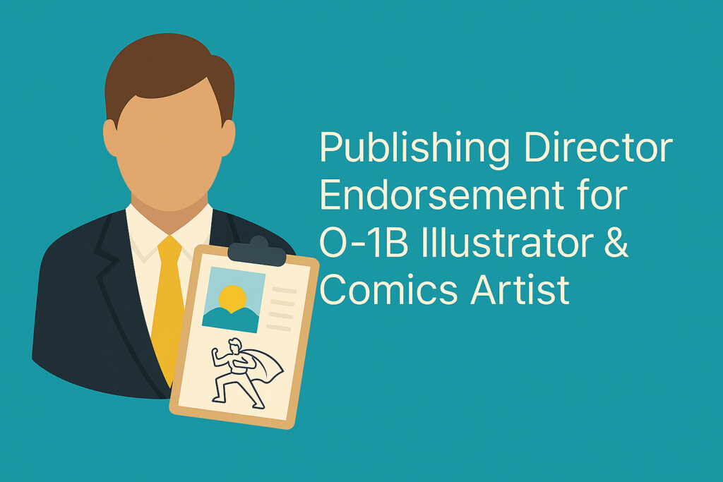 A 2D flat digital illustration featuring a creative studio scene with a portfolio, stylus pen, and book layouts, representing endorsement for an O-1B illustrator and comics artist.