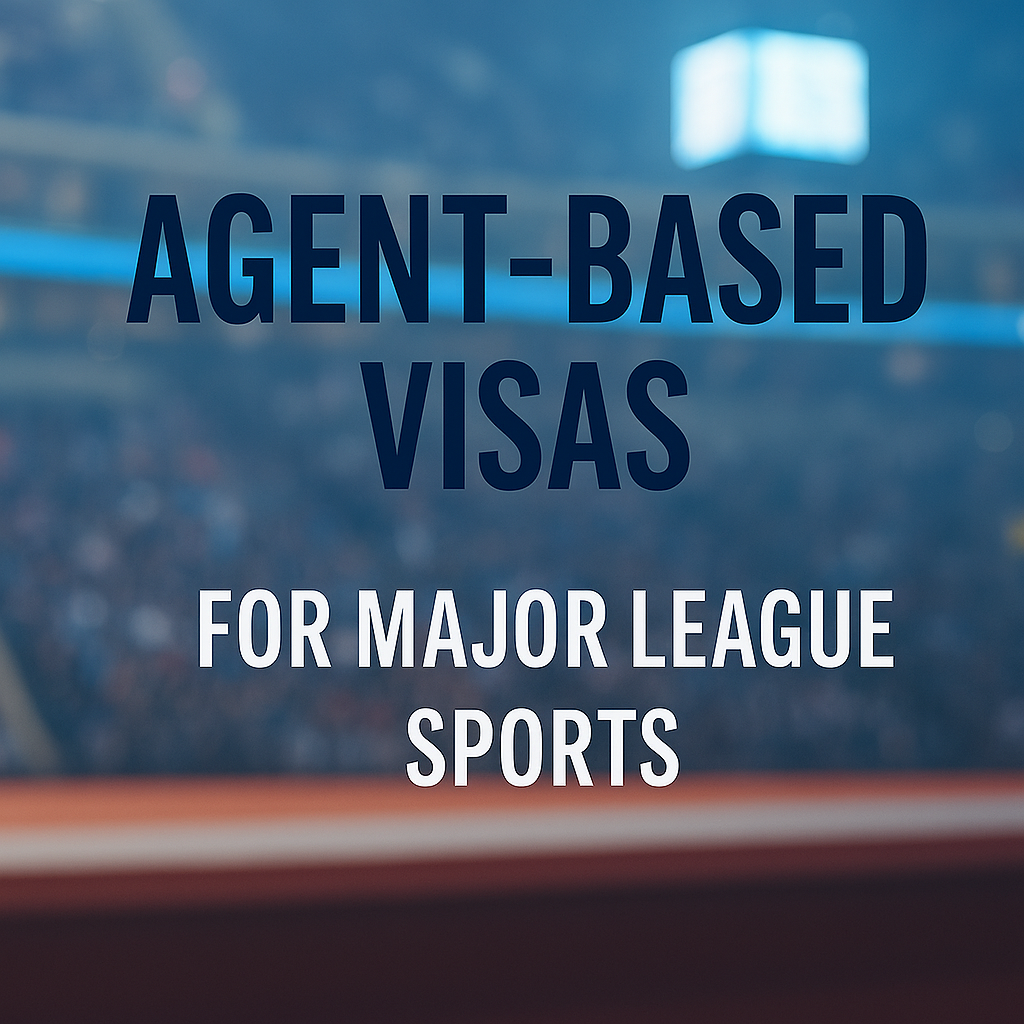 Stadium background with bold text reading “Agent-Based Visas for Major League Sports,” designed for a video presentation by Sherrod Seward.