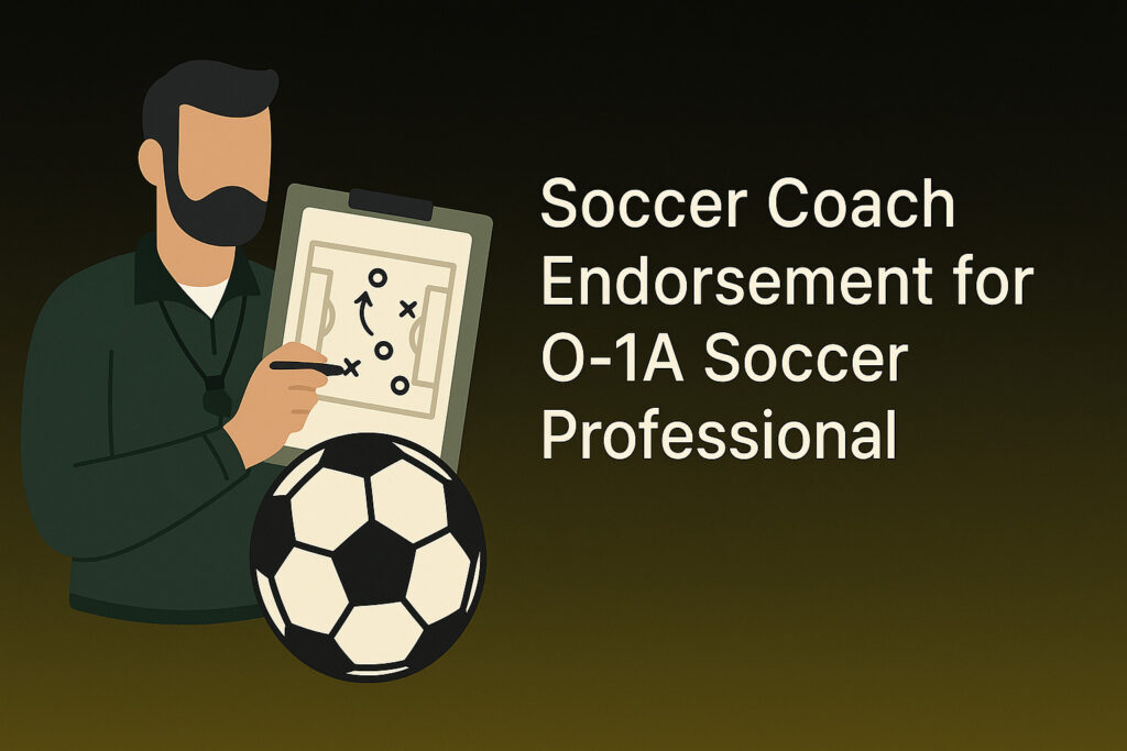 Flat-style digital illustration with a soccer coach silhouette and a letter of endorsement set against a yellow-black gradient background.